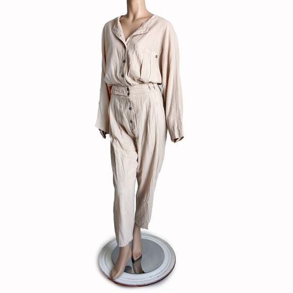 AC Gauze Jumpsuit Beige Cotton Crinkled Button Front Romper Size L Vintage 90s - Picture 6 of 8